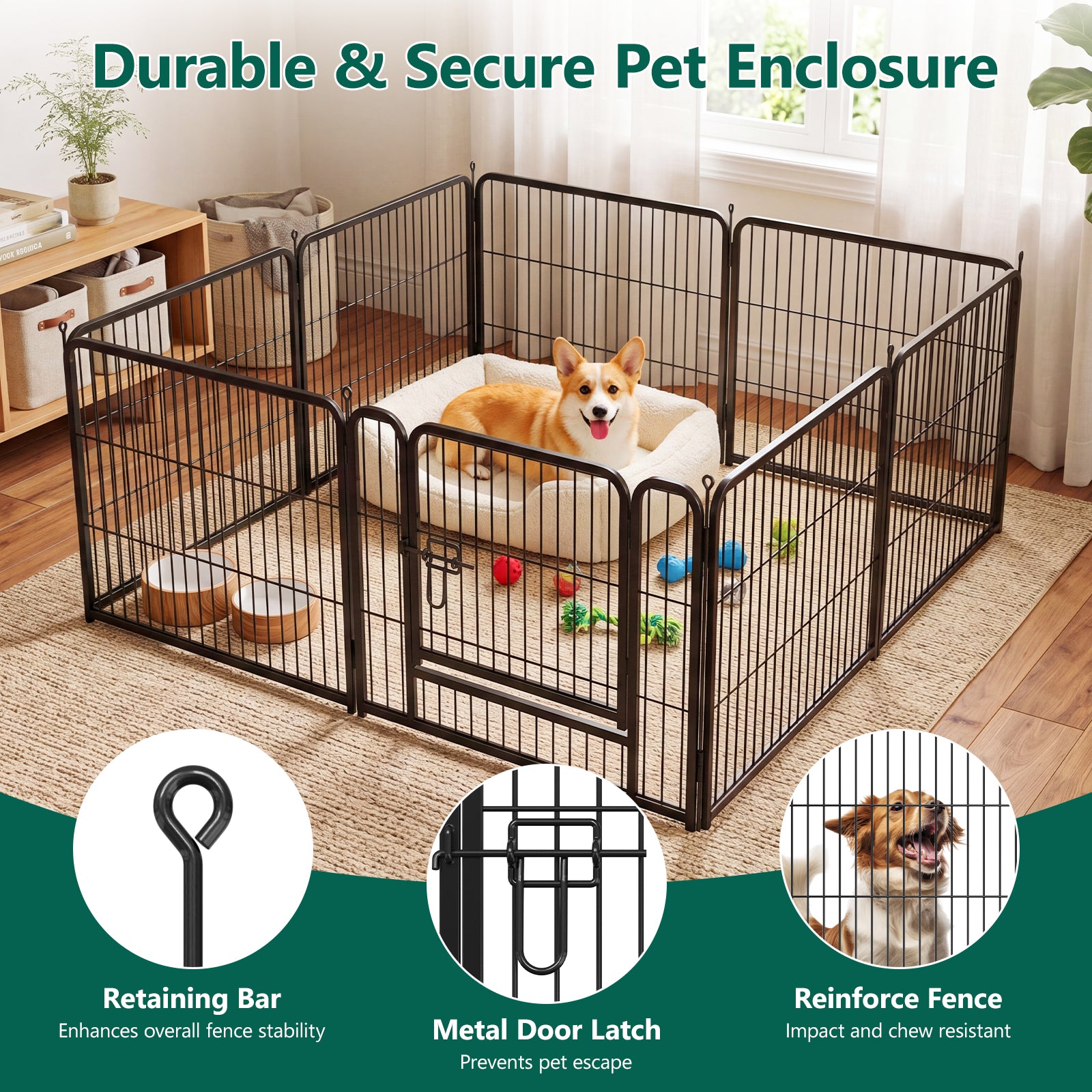WASUHE Dog Playpen with Door, 24 Inch 8 Panel Foldable Metal Pet Fence, Indoor, Yard, RV Camping, Safe Play Area for Small and Puppy Dogs, Black