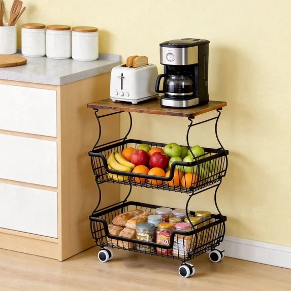 HaiNova 3-Tier Rolling Pantry Cart with Wheels and Top Shelf, Stackable Wire Snack Cart for Pantry Shelves, Kitchen Fruit, Vegetables Stand