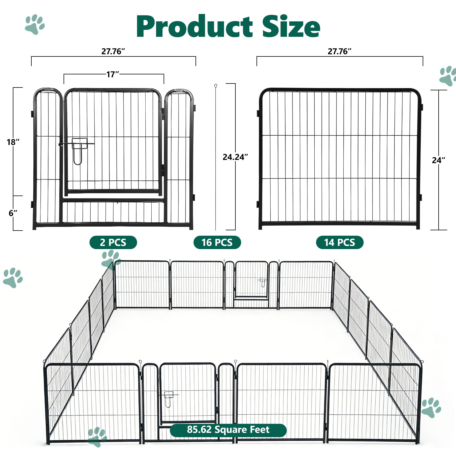 16 Panels Metal Dog Playpen, 24" Height Dog Fence Exercise Pen with Doors for Medium Small Dogs Rabbits Cats, Foldable Pet Puppy Playpen for Indoor & Outdoor Yard
