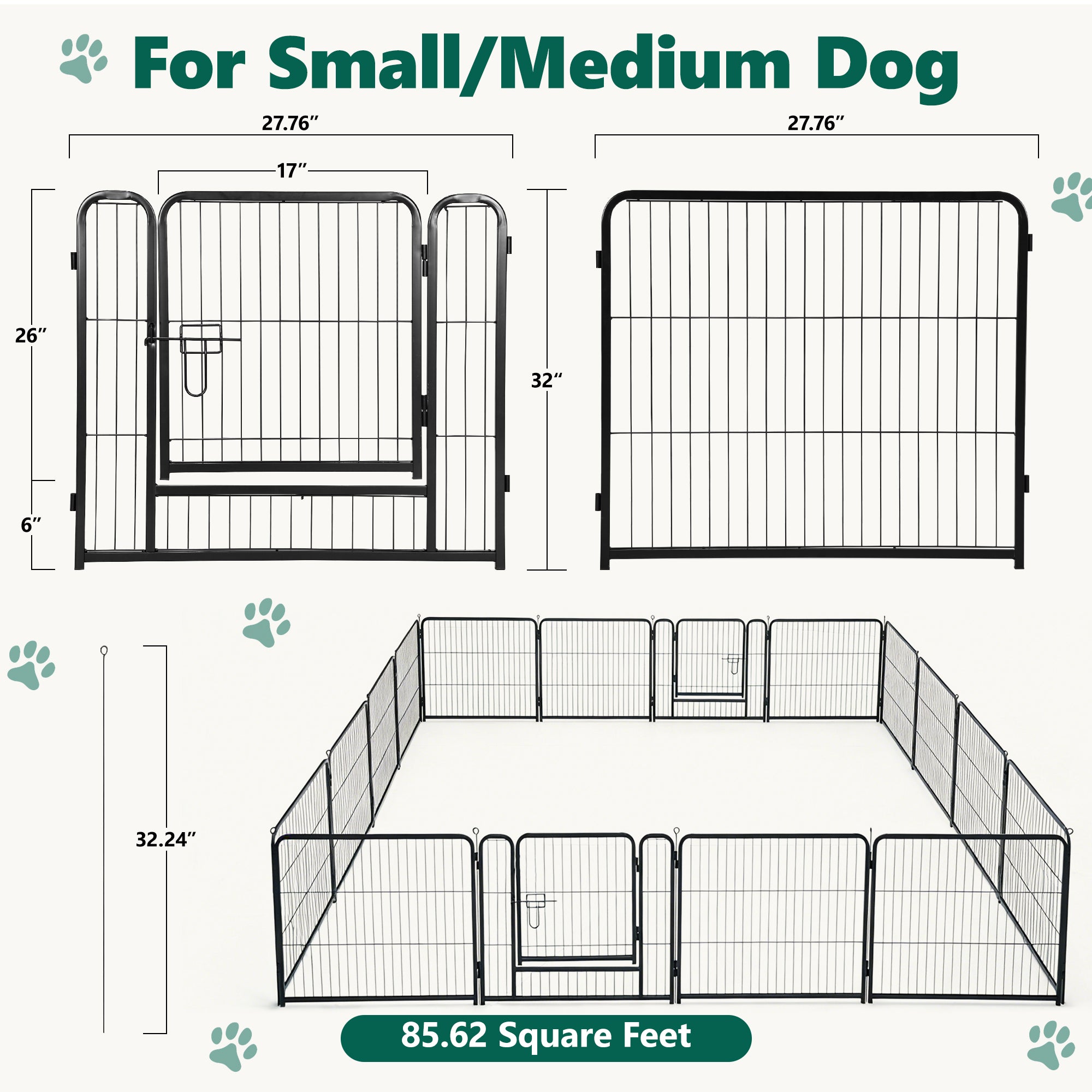 16 Panels Metal Dog Playpen, 32" Height Dog Fence Exercise Pen with Doors for Large Medium Small Dogs Rabbits Cats, Foldable Pet Puppy Playpen for Indoor & Outdoor Yard