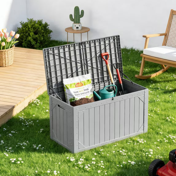 HaiNova 100 Gallon Outdoor Storage Resin Deck Box, Lockable Patio Outdoor Storage Box for Furniture, Garden Tools and Tools Storage, Waterproof, Gray