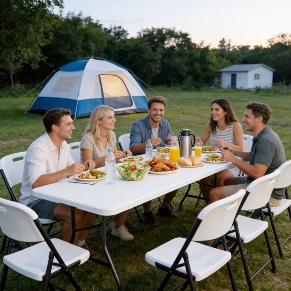HaiNova 8FT Folding Table, Portable Heavy Duty Camping Table with Carrying Handle, Anti-fouling and Sun-Proof Suitable for Meetings, Parties, Camping and Weddings, White