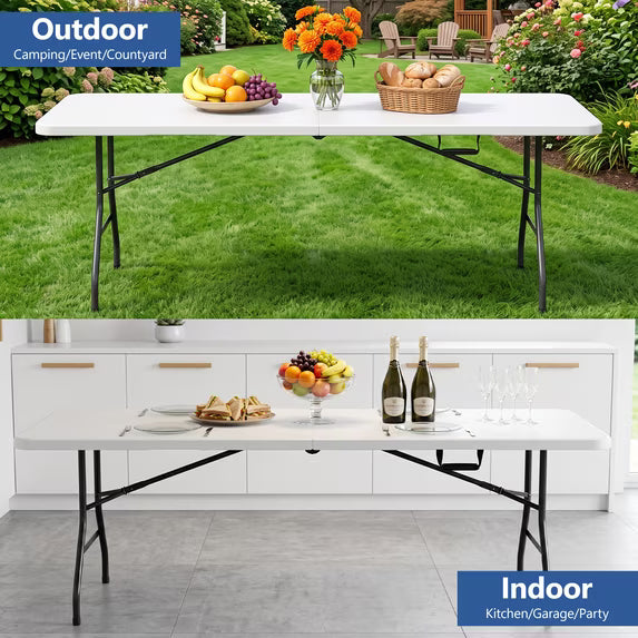 HaiCube 8 Foot Plastic Folding Table Portable Heavy Duty Rectangular Table with Carry Handle, Indoor Outdoor for Camping Picnic Party Dining, White