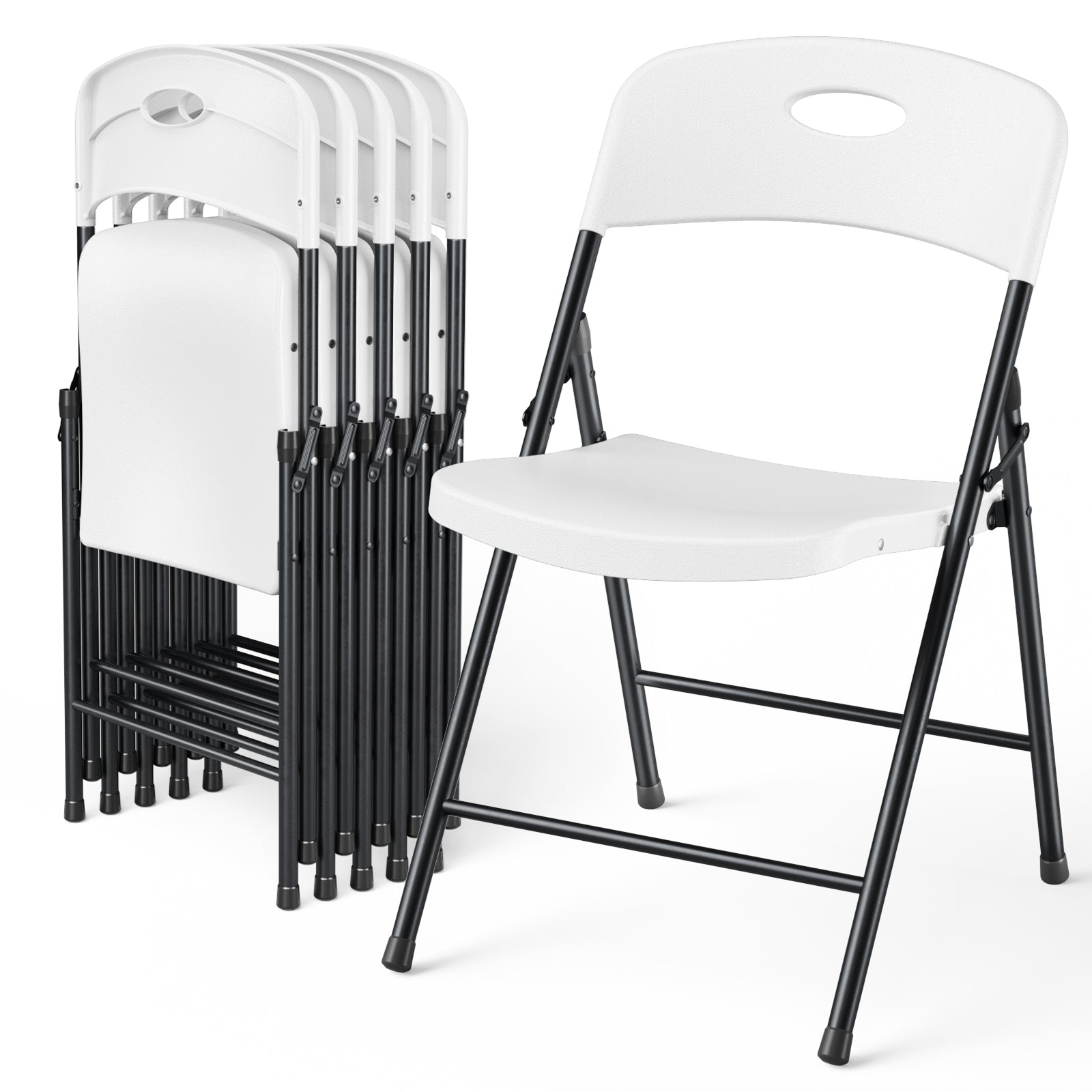 6 Pack Plastic Folding Chair, Sturdy Metal Folding Chairs for Outside Indoor, Portable 350 lbs Capacity Heavy Duty Stackable Commercial Seating for Picnic, Party, Patio (Black)