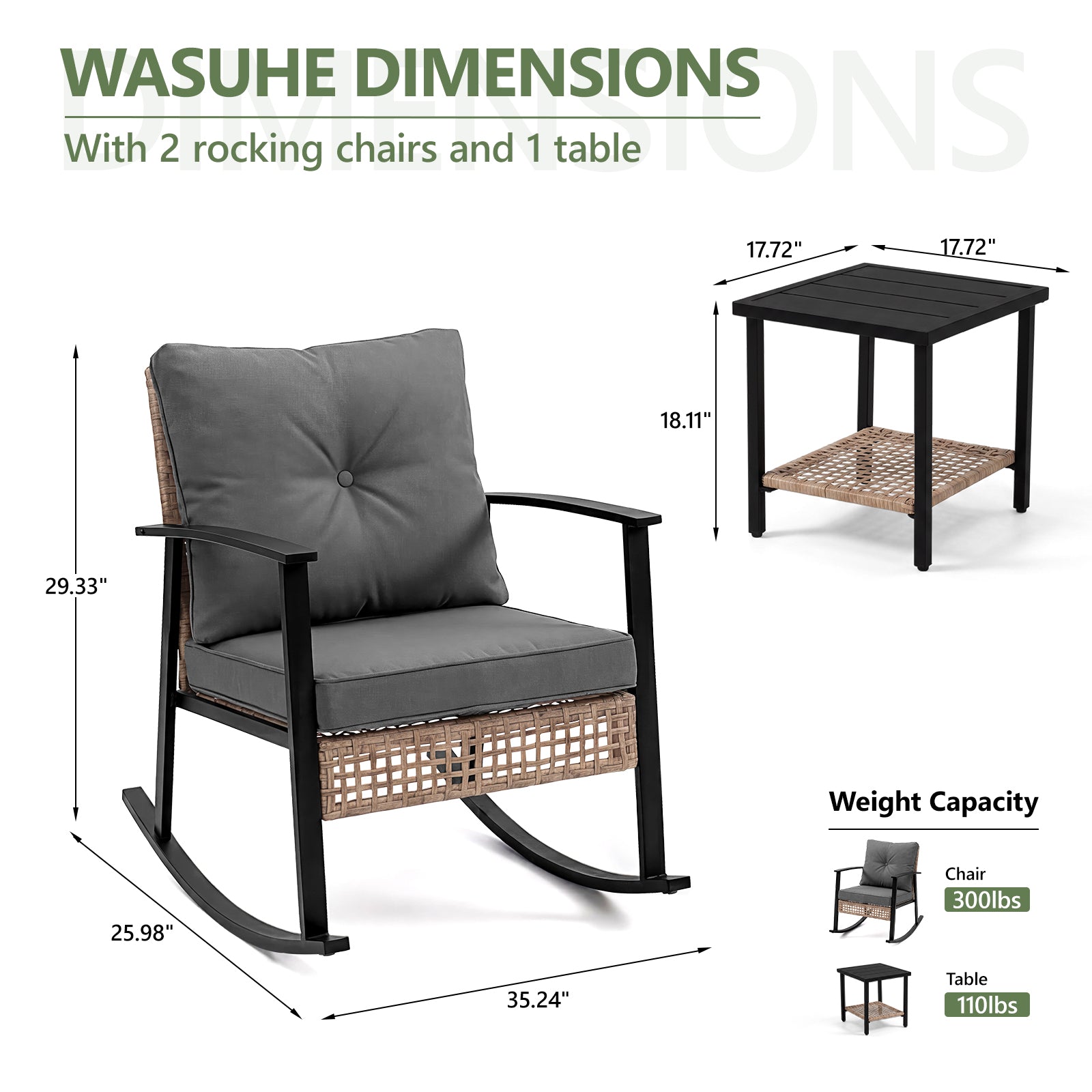 WASUHE 3 PCS Wicker Rocking Chair with Thick Cushions, Ergonomic Back Armrest Rocker Chairs for Porch Backyard Lawn Garden, Beige