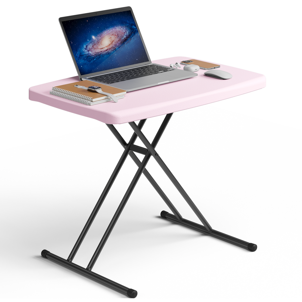 30 Inch Folding Table TV Tray, Portable Adjustable Height, X-shaped Frame Portable Work Table, Utility Foldable Desk for Small Spaces, Laptop & Couch, Camping, Pink