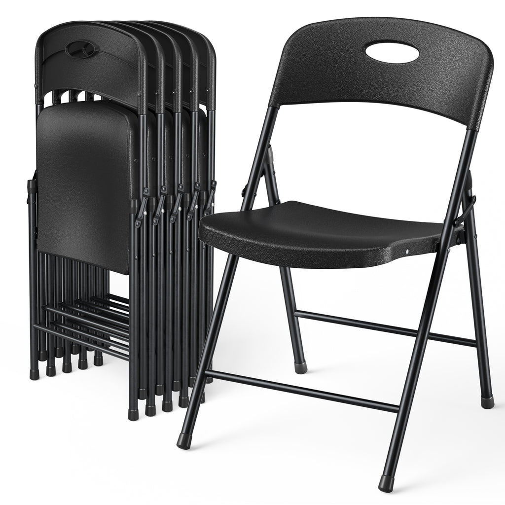 6 Pack Plastic Folding Chair, Sturdy Metal Folding Chairs for Outside Indoor, Portable 350 lbs Capacity Heavy Duty Stackable Commercial Seating for Picnic, Party, Patio (Black)
