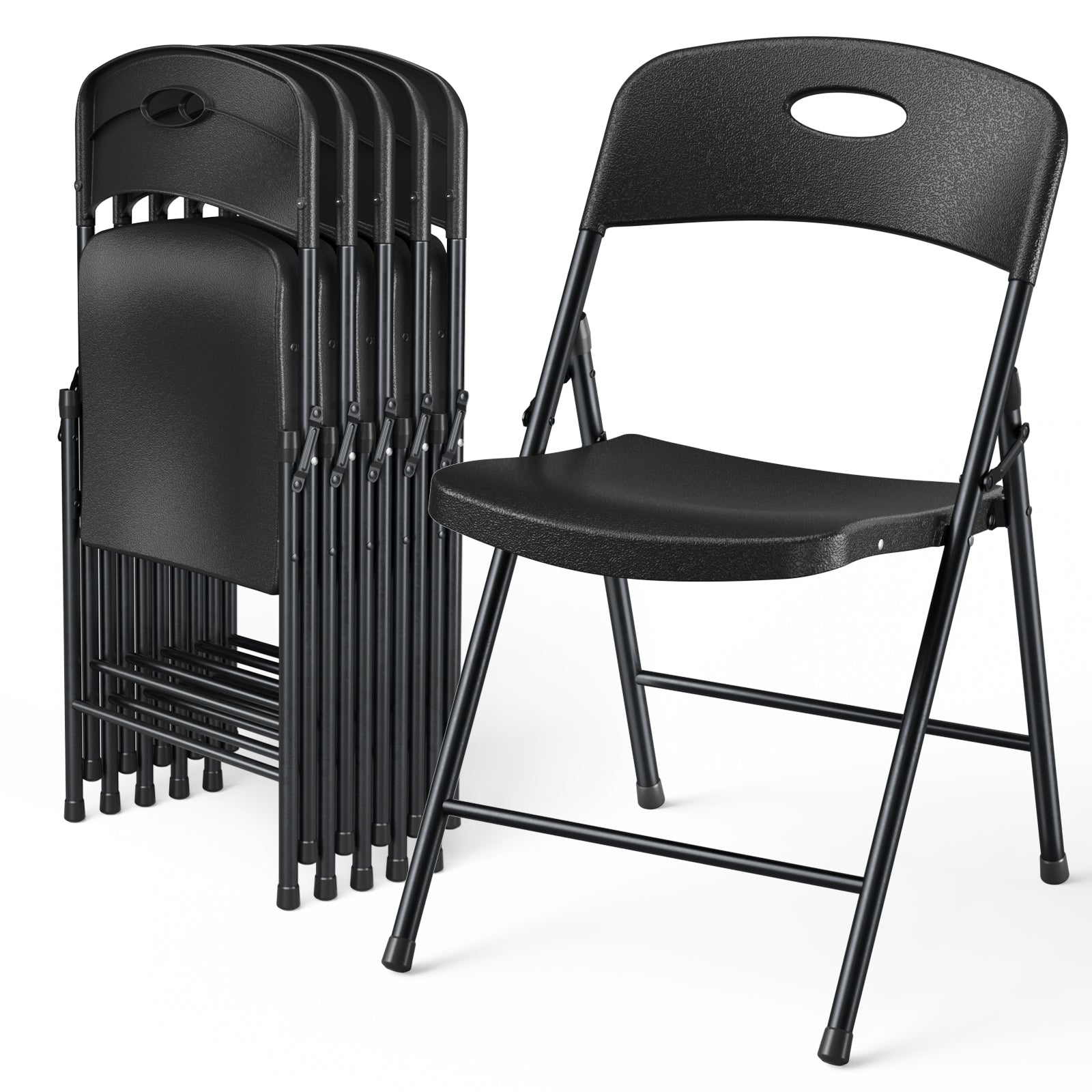 6 Pack Plastic Folding Chair, Sturdy Metal Folding Chairs for Outside Indoor, Portable 350 lbs Capacity Heavy Duty Stackable Commercial Seating for Picnic, Party, Patio (Black)