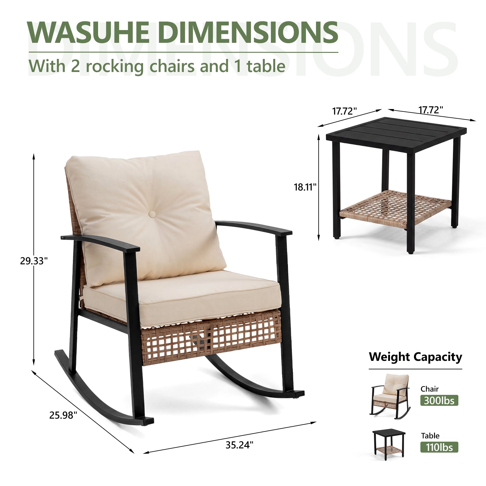 WASUHE 3 PCS Wicker Rocking Chair with Thick Cushions, Ergonomic Back Armrest Rocker Chairs for Porch Backyard Lawn Garden, Beige