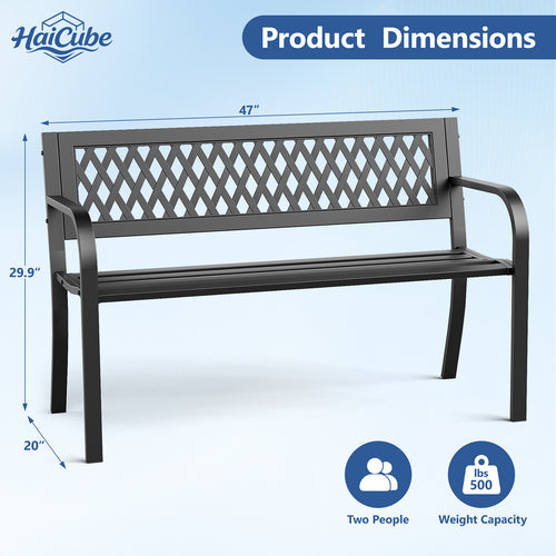 HaiCube Outdoor Metal Patio Garden Bench, Heavy‑Duty Grid Mesh Back Bench with Armrests, 500 lbs Load Capacity, Rust Weather‑Resistant for Yard Lawn Porch Entryway