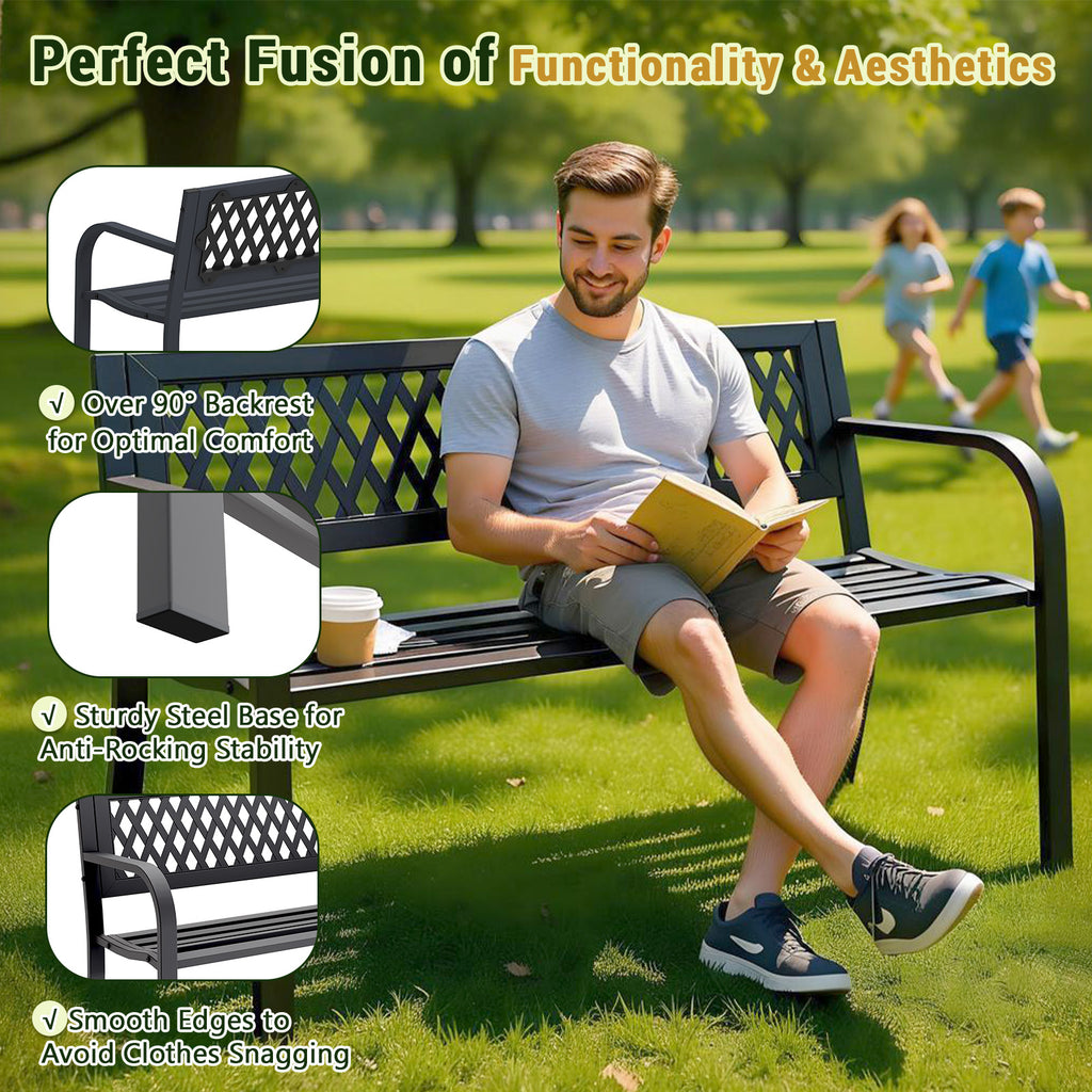 HAIMULI Anti-Rust Metal Bench Garden Bench with Back, All Weather Resistant Porch Benches for Outdoor Cast Iron Steel Frame Chair Waterproof, Black, 500 lbs