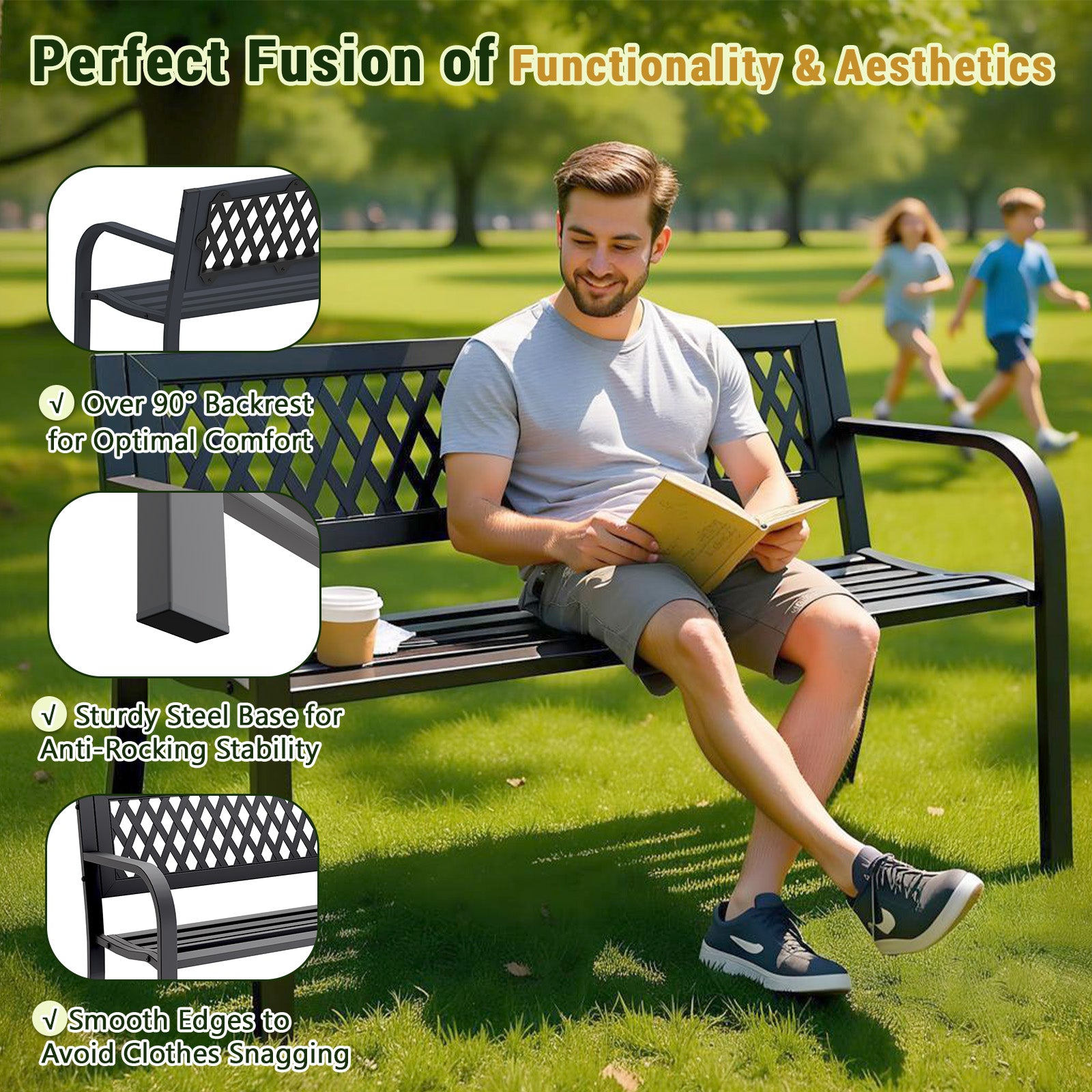 HAIMULI Anti-Rust Metal Bench Garden Bench with Back, All Weather Resistant Porch Benches for Outdoor Cast Iron Steel Frame Chair Waterproof, Black, 500 lbs