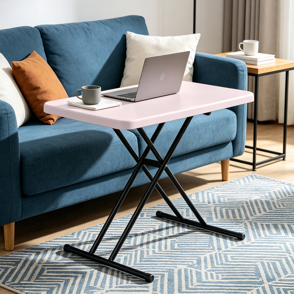 HAIMULI 30 Inch Folding Table TV Tray, Portable Adjustable Height, X-shaped Frame Portable Work Table, Utility Foldable Desk for Small Spaces, Laptop & Couch, Camping, Pink