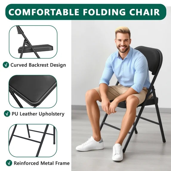 HaiNova 6 Pack Folding Chairs with Comfortable Cushion, Leather Padded Cushion Chair with Stainless Steel Frame for Home and Office, Gatherings, Black