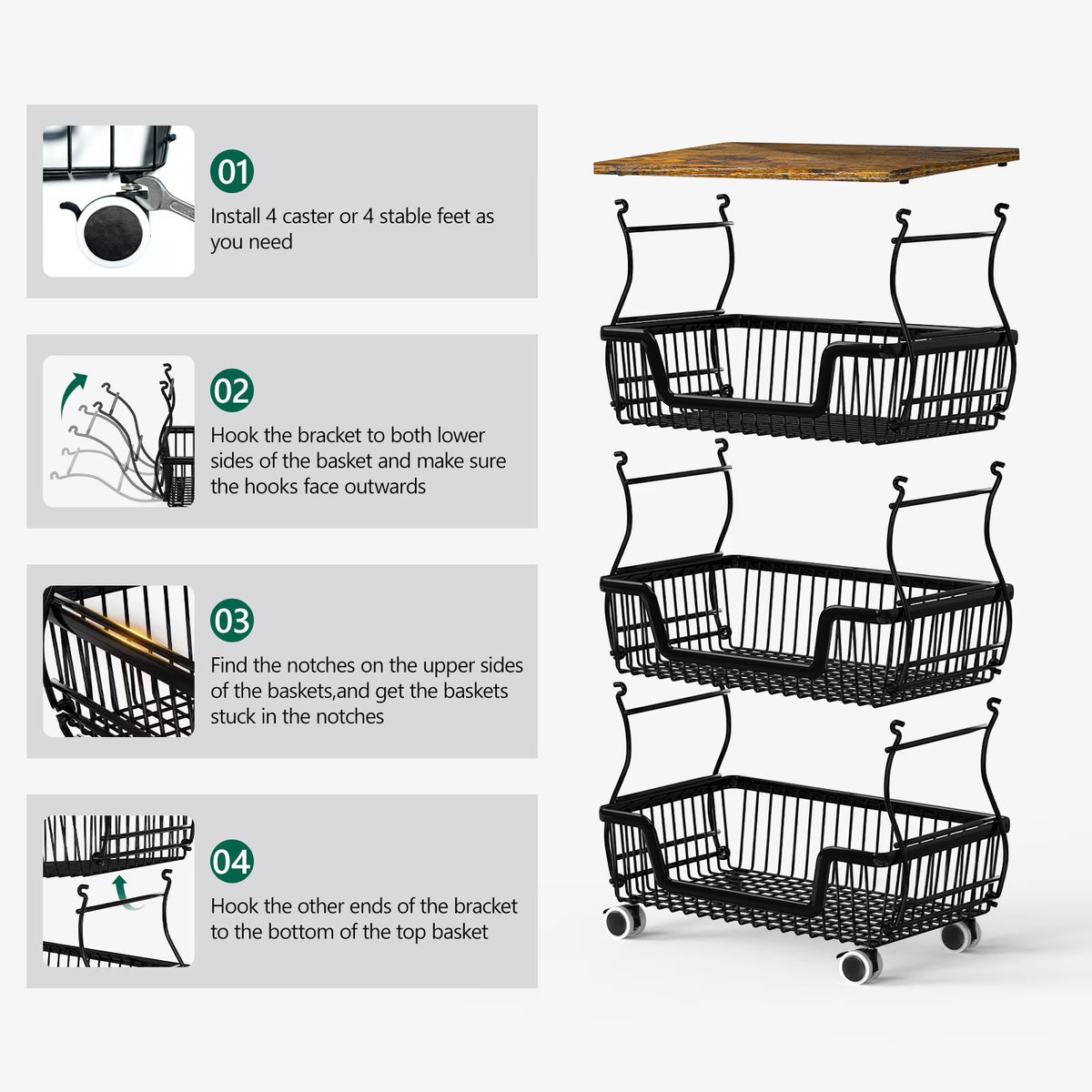 HaiNova 3-Tier Rolling Pantry Cart with Wheels and Top Shelf, Stackable Wire Snack Cart for Pantry Shelves, Kitchen Fruit, Vegetables Stand
