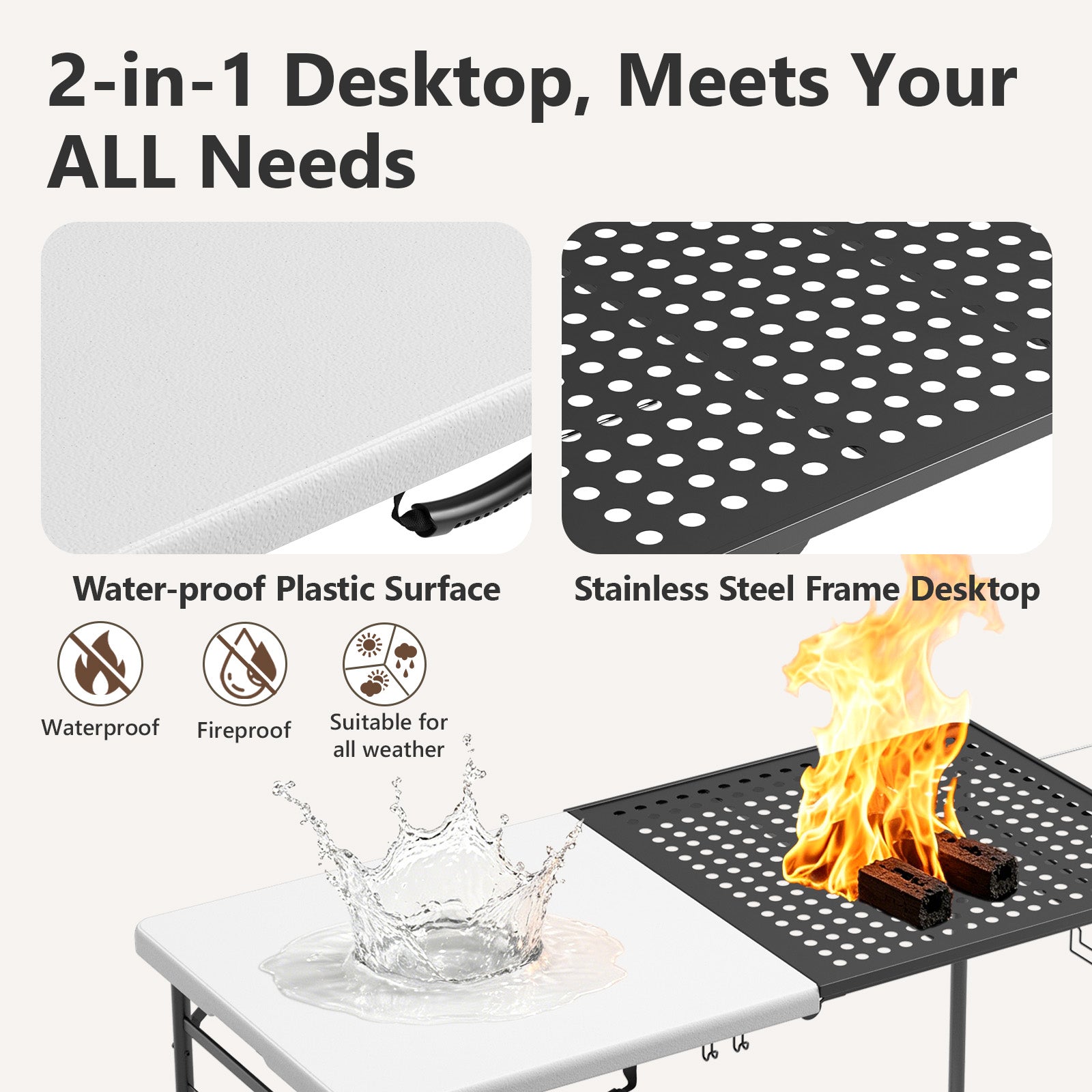 WASUHE 5FT Folding Grill Table, Portable Camping Table with Metal Grid & Tool Hooks, Ideal for BBQ, Picnic & RV Use, Space-Saving Design, Black