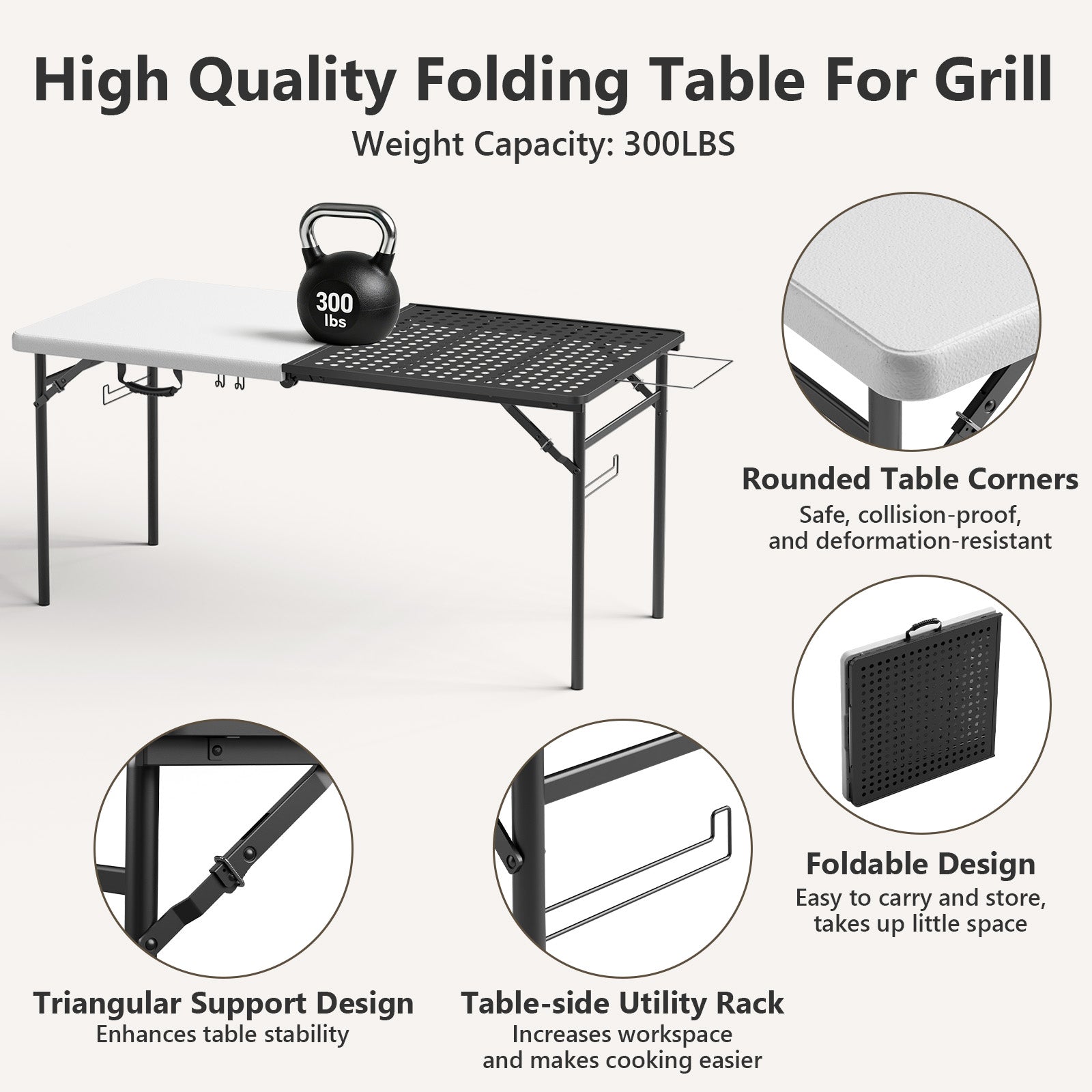 WASUHE 5FT Folding Grill Table, Portable Camping Table with Metal Grid & Tool Hooks, Ideal for BBQ, Picnic & RV Use, Space-Saving Design, Black