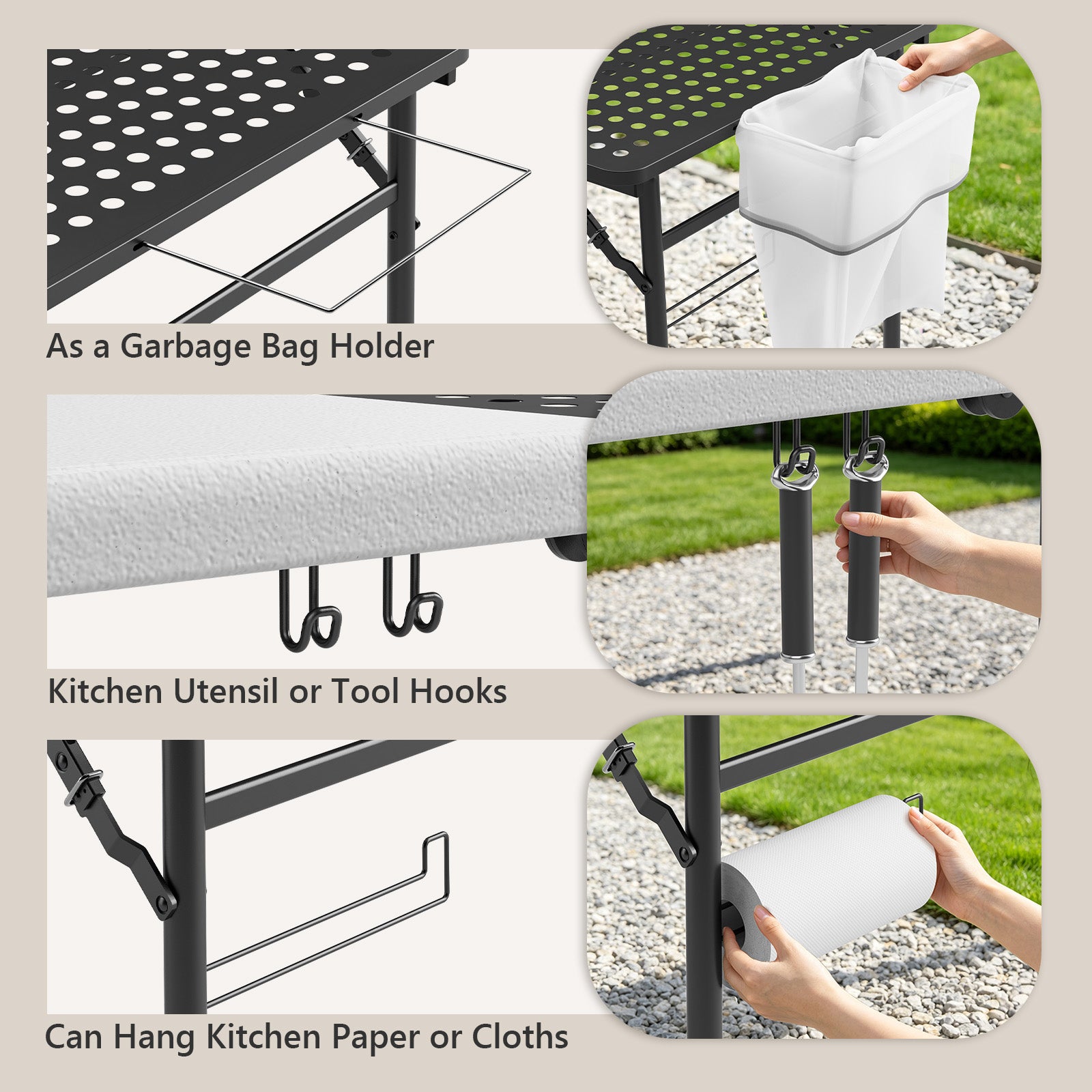 WASUHE 5FT Folding Grill Table, Portable Camping Table with Metal Grid & Tool Hooks, Ideal for BBQ, Picnic & RV Use, Space-Saving Design, Black
