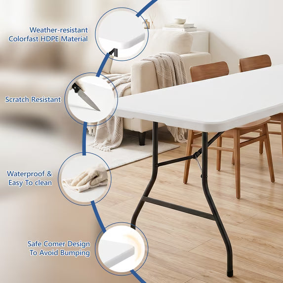 HaiCube 8 Foot Plastic Folding Table Portable Heavy Duty Rectangular Table with Carry Handle, Indoor Outdoor for Camping Picnic Party Dining, White