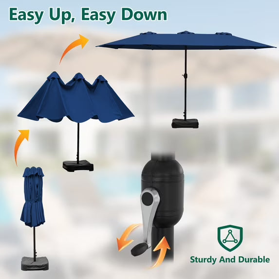 HaiNova 15Ft Large Outdoor Double-Sided Rectangle Umbrella with Base-Mounted, Foldable And Portable Sunshade For Pool, Beaches And Patio, Khaki