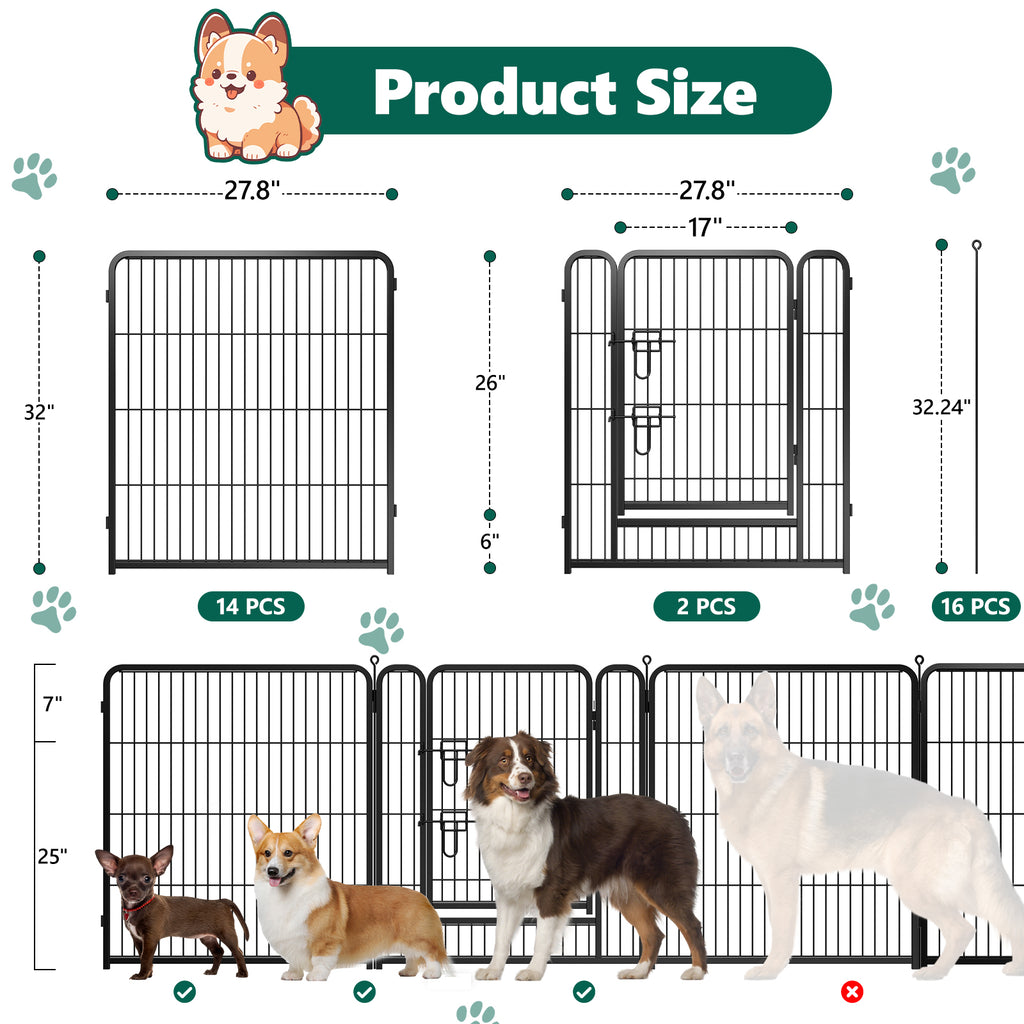 16 Panels Metal Dog Playpen, 32" Height Dog Fence Exercise Pen with Doors for Large Medium Small Dogs Rabbits Cats, Foldable Pet Puppy Playpen for Indoor & Outdoor Yard