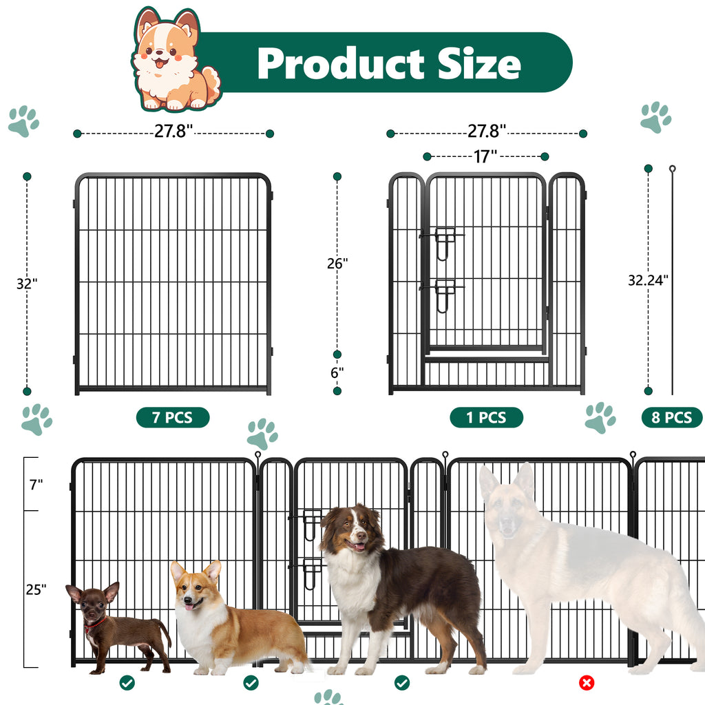 8 Panels Metal Dog Playpen, 32" Height Dog Fence Exercise Pen with Doors for Large Medium Small Dogs Rabbits Cats, Foldable Pet Puppy Playpen for Indoor & Outdoor Yard