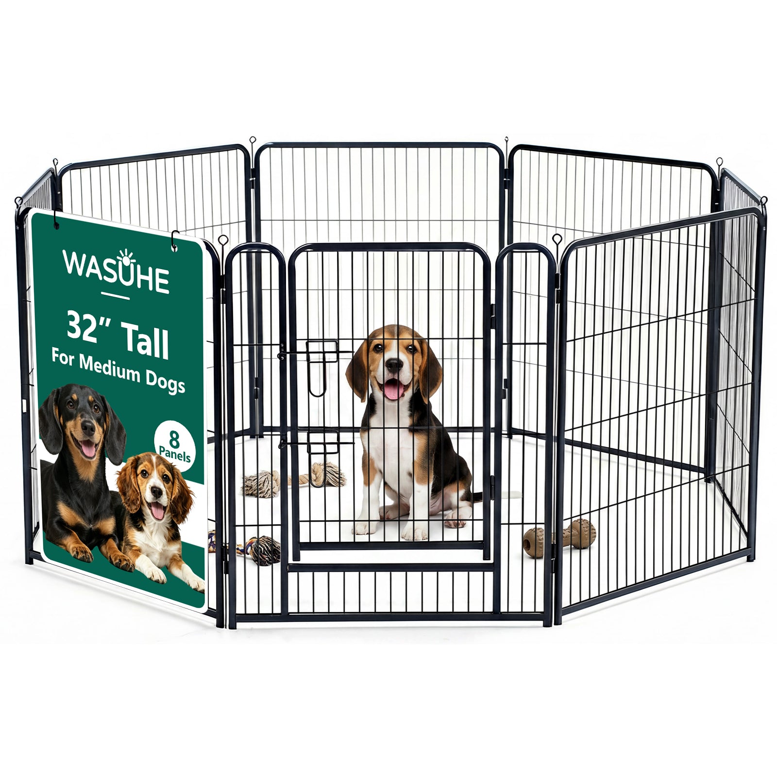WASUHE Dog Playpen with Door, 24 Inch 8 Panel Foldable Metal Pet Fence, Indoor, Yard, RV Camping, Safe Play Area for Small and Puppy Dogs, Black