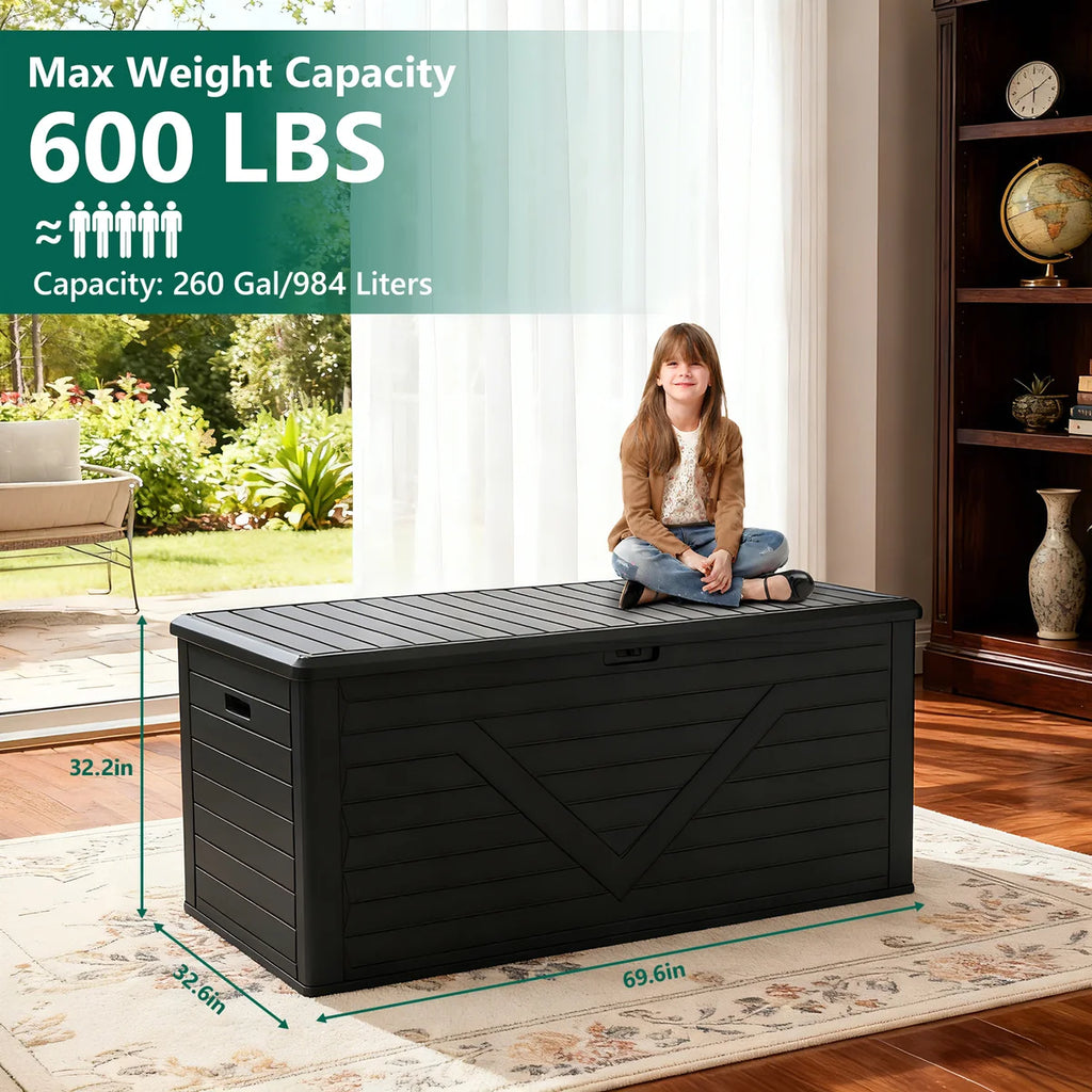 HaiCube 260 Gallon Outdoor Storage Box, Large Resin Deck Boxes Outdoor Waterproof, Deck Storage Box for Patio Furniture Outdoor Cushions, Throw Pillows, Garden Tools and Pool Floats, Black