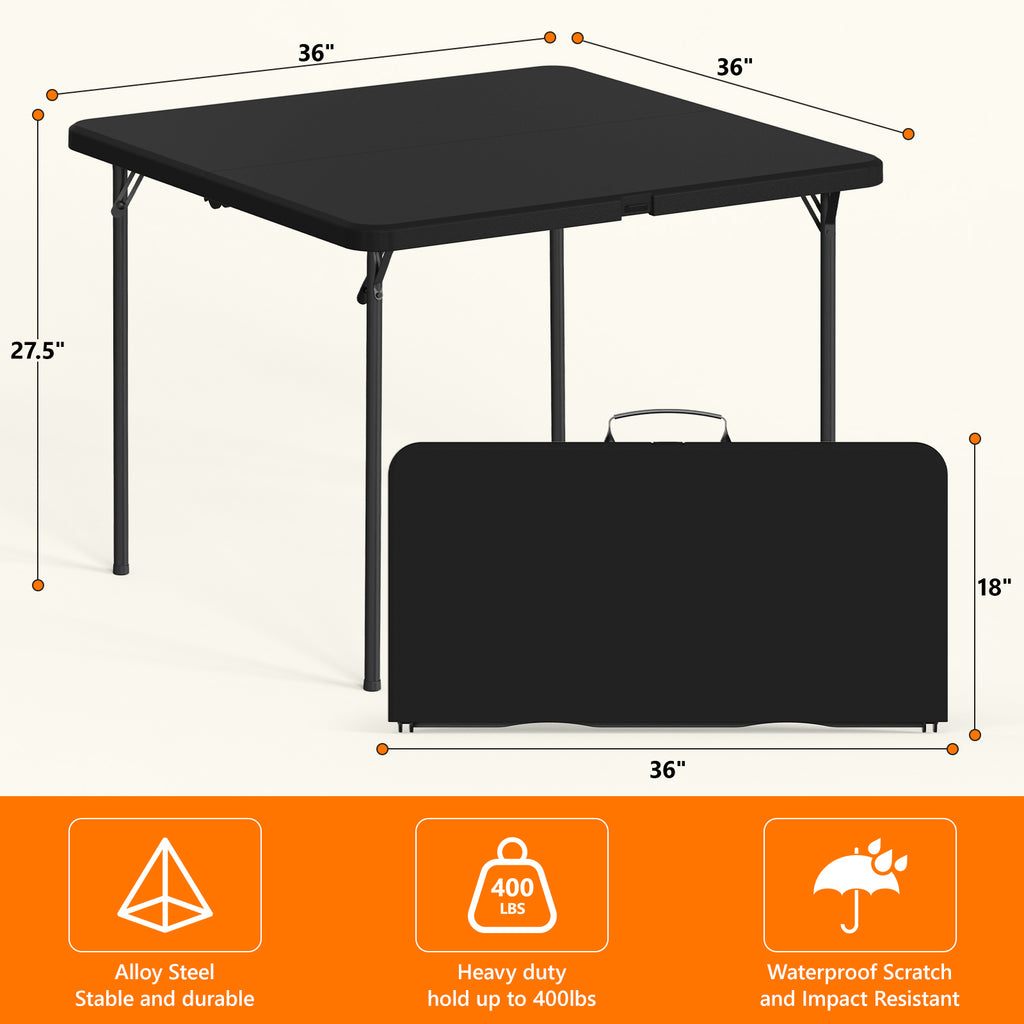 HAIMULI 36" Square Folding Table with Handle, 400lbs Weight Capacity Foldable Table with HDPE Tabletop & Heavy-Duty Steel Legs, Large Portable Picnic Table for Indoor Outdoor, Black