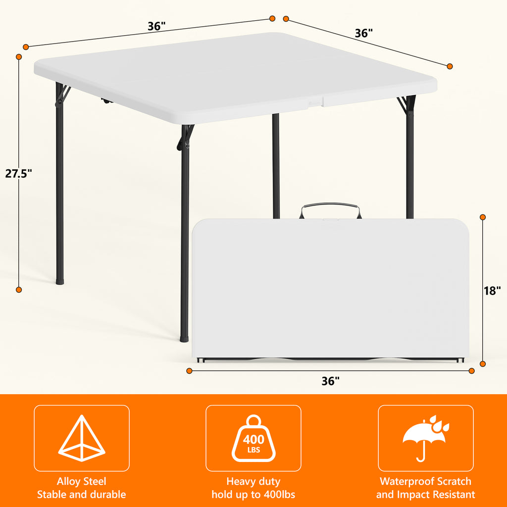 HAIMULI 36" Square Folding Table with Handle, 400lbs Weight Capacity Foldable Table with HDPE Tabletop & Heavy-Duty Steel Legs, Large Portable Picnic Table for Indoor Outdoor, Black