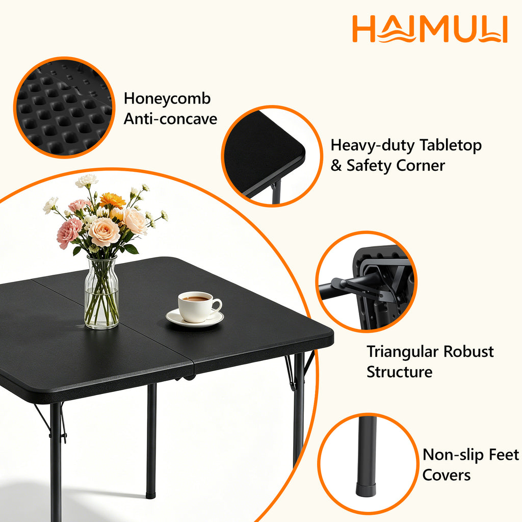 HAIMULI 36" Square Folding Table with Handle, 400lbs Weight Capacity Foldable Table with HDPE Tabletop & Heavy-Duty Steel Legs, Large Portable Picnic Table for Indoor Outdoor, Black