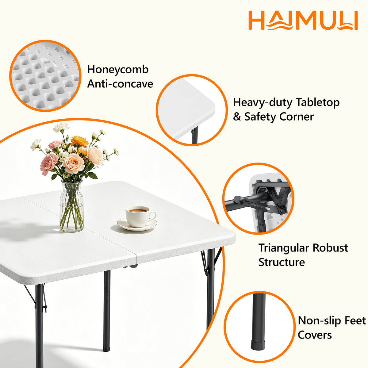 HAIMULI 36" Square Folding Table with Handle, 400lbs Weight Capacity Foldable Table with HDPE Tabletop & Heavy-Duty Steel Legs, Large Portable Picnic Table for Indoor Outdoor, Black