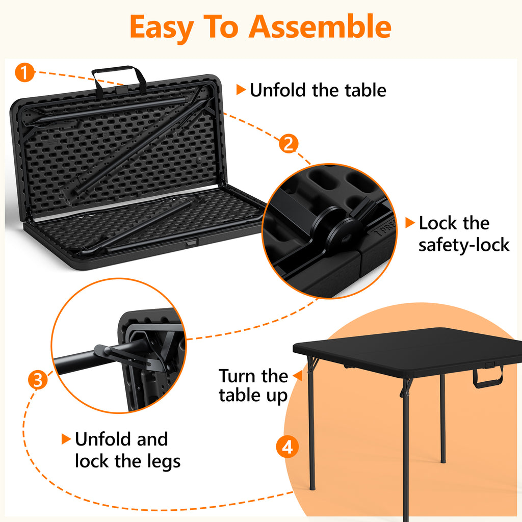 HAIMULI 36" Square Folding Table with Handle, 400lbs Weight Capacity Foldable Table with HDPE Tabletop & Heavy-Duty Steel Legs, Large Portable Picnic Table for Indoor Outdoor, Black