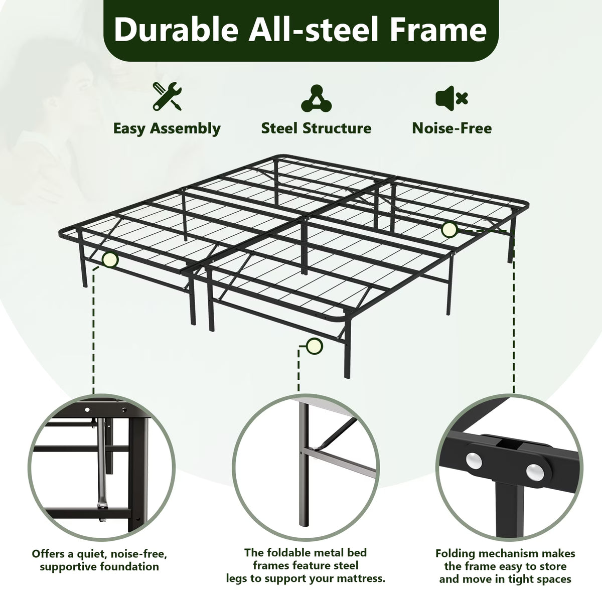 HaiNova Twin Bed Frame Folding Metal Platform Bed Frame with Heavy Duty and Strong Bearing Capacity, 14 Inches High, Black