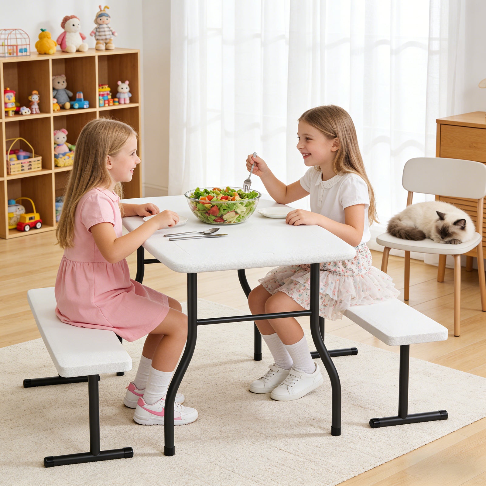 WASUHE 38" Outdoor Picnic Table Set, Heavy Duty All Weather Plastic Table Set for Small Spaces, Patio & Garden, Party, Compact