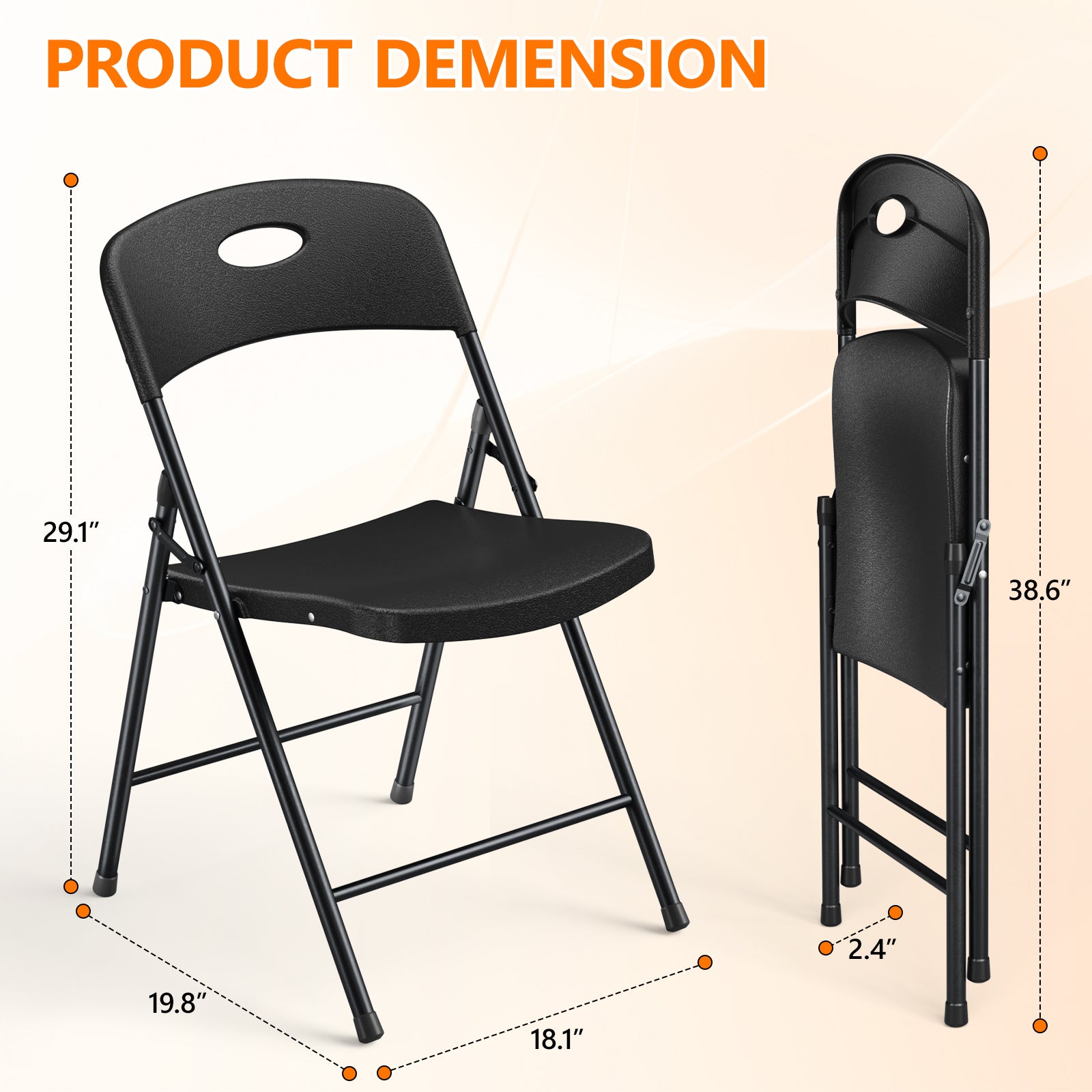 2 Pack Plastic Folding Chair, Sturdy Metal Folding Chairs for Outside Indoor, Portable 350 lbs Capacity Heavy Duty Stackable Commercial Seating for Picnic, Party, Patio (Black)