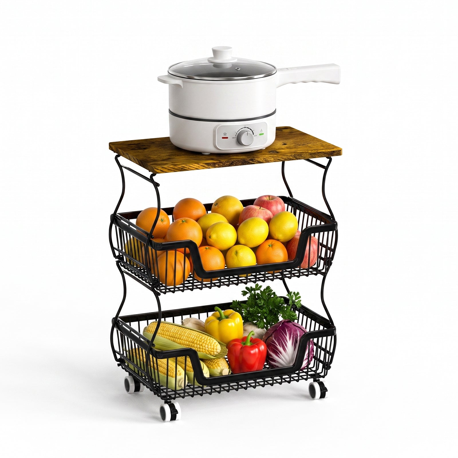 Fruit Basket Vegetable Storage Cart with Wooden Lid for Kitchen, 4-Tier Stackable Wire Fruit Organizer Stand on Wheel, Storage Stand for Vegetables, Snacks, Berverage