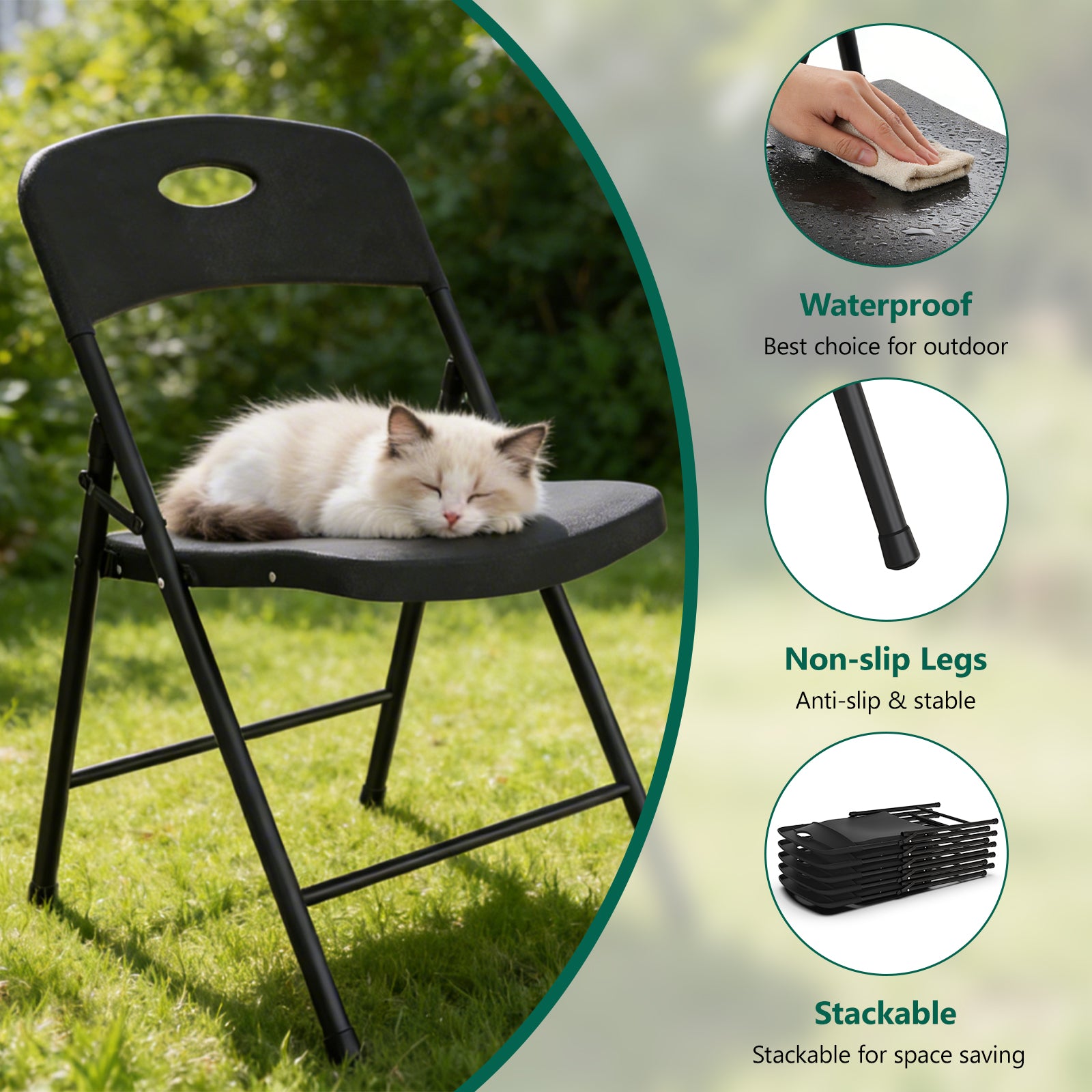 WASUHE Black Folding Chairs with Enhanced Iron Frame, Outdoor Plastic Stackable Foldable Chairs for Outside, Indoor, Party, Wedding, Meeting Room, Patio, Garden, Weight Capacity 350 lbs