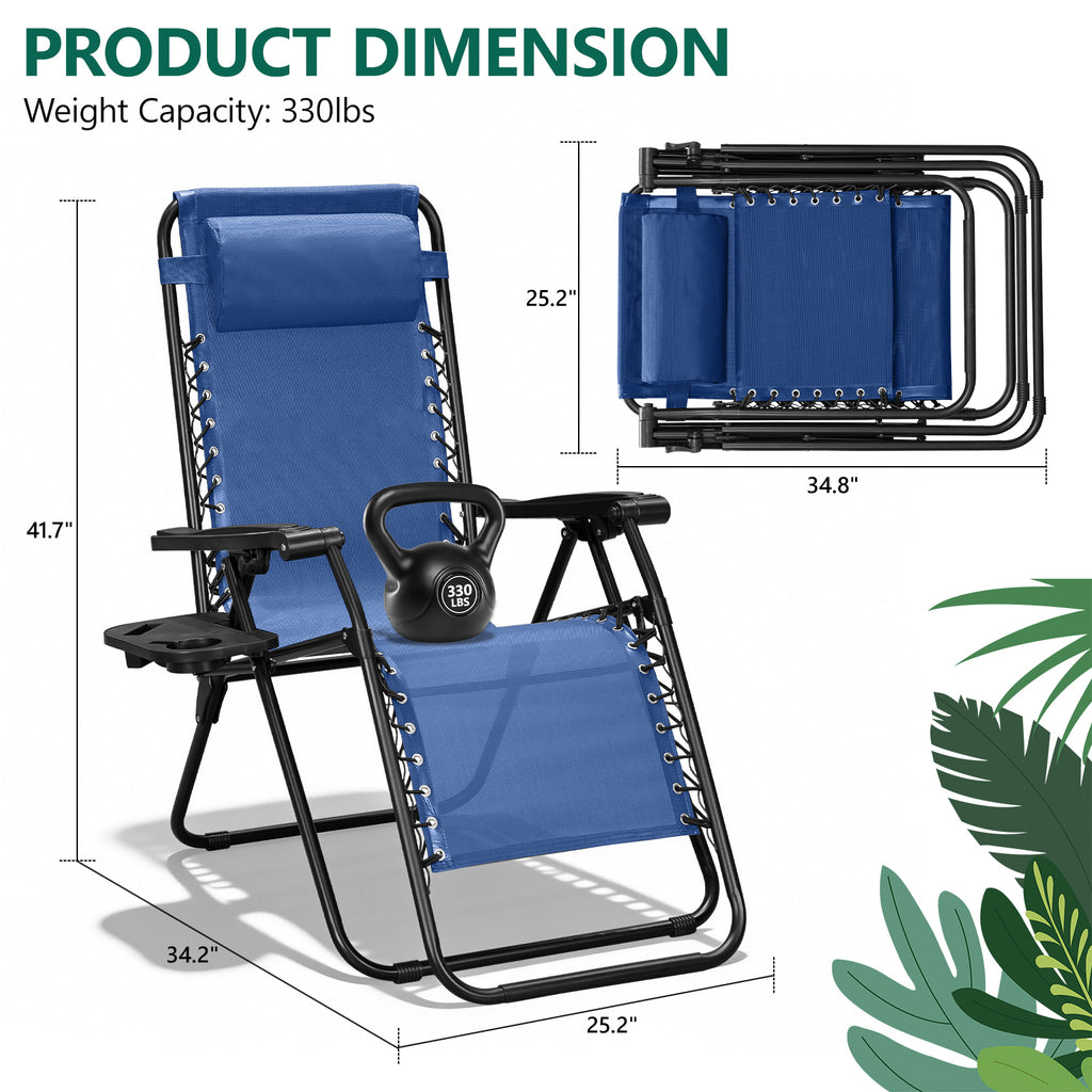 Zero Gravity Chair Set of 2 with Cup Holder & Removable Pillows, Adjustable Reclining Outdoor Patio Folding Chairs, Portable Lounge Chair for Poolside, Lawn, Beach, Camping