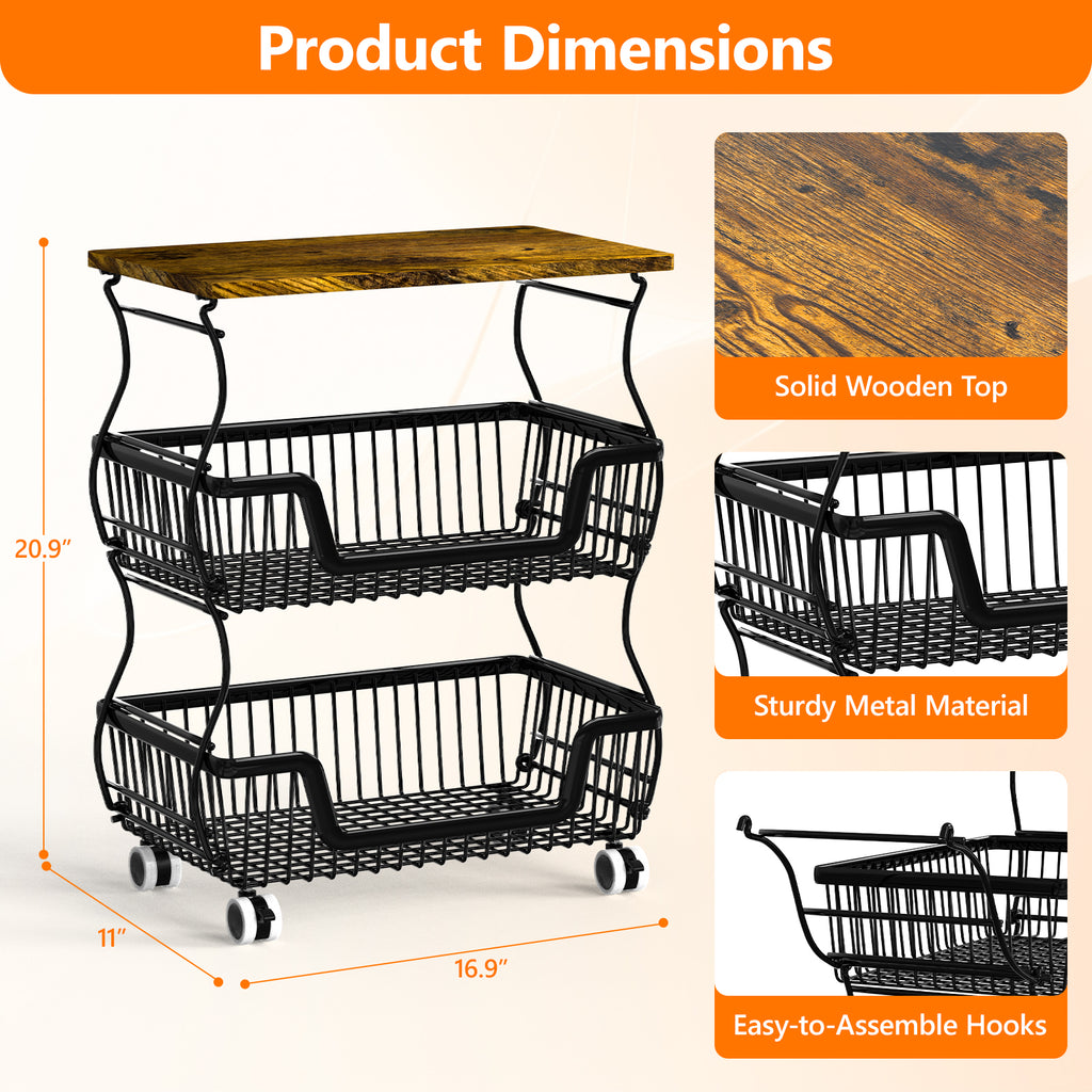 Fruit Basket Vegetable Storage Cart with Wooden Lid for Kitchen, 4-Tier Stackable Wire Fruit Organizer Stand on Wheel, Storage Stand for Vegetables, Snacks, Berverage