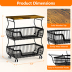 Fruit Basket Vegetable Storage Cart with Wooden Lid for Kitchen, 4-Tier Stackable Wire Fruit Organizer Stand on Wheel, Storage Stand for Vegetables, Snacks, Berverage