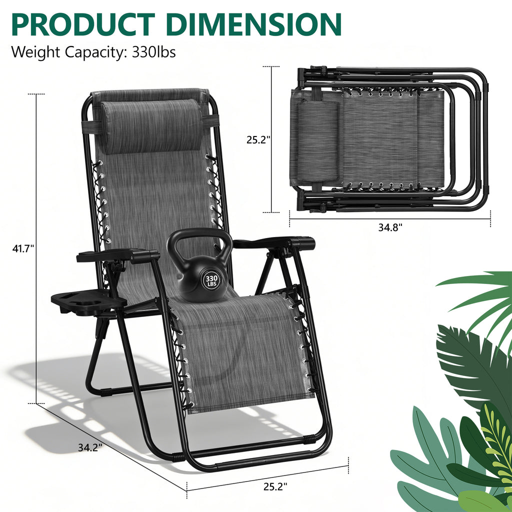 Zero Gravity Chair Set of 2 with Cup Holder & Removable Pillows, Adjustable Reclining Outdoor Patio Folding Chairs, Portable Lounge Chair for Poolside, Lawn, Beach, Camping