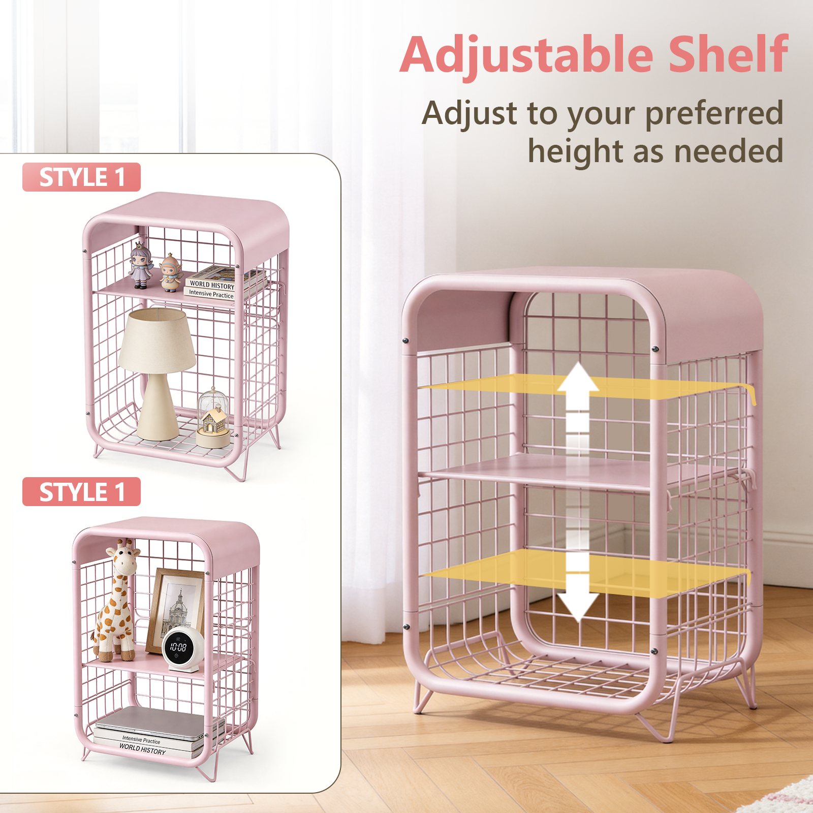 WASUHE 3 Tier Side Table, Metal End Table Small Nightstand with Adjustable Shelf for Bedroom Living Room Small Spaces Bedside, Pink