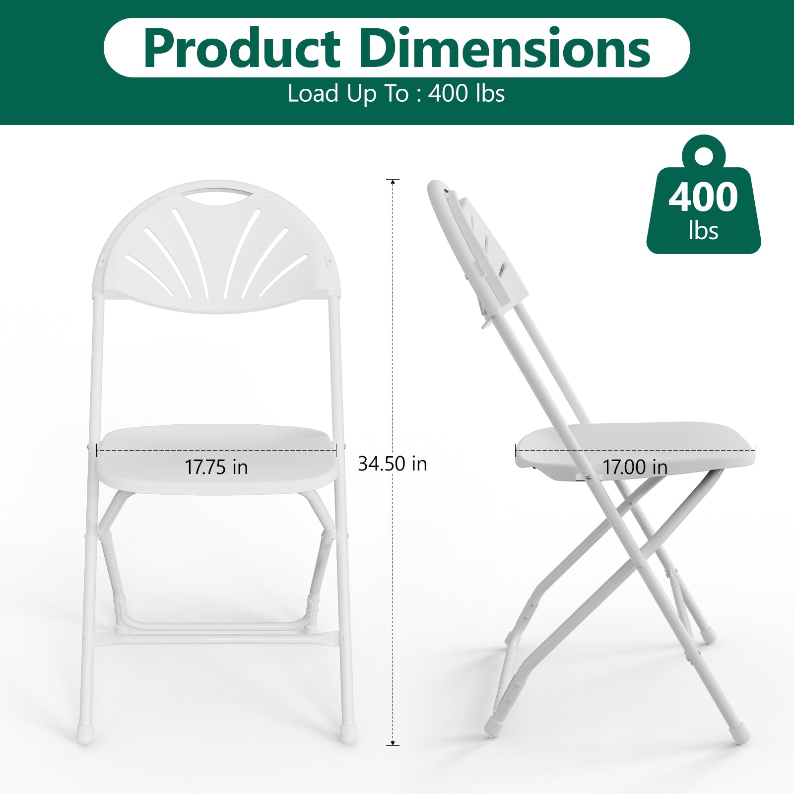 WASUHE Fan Back Folding Chairs, Stackable Plastic Folding Chairs with Reinforced Frame, Portable for Indoor Outdoor Party Wedding, Upgraded, White