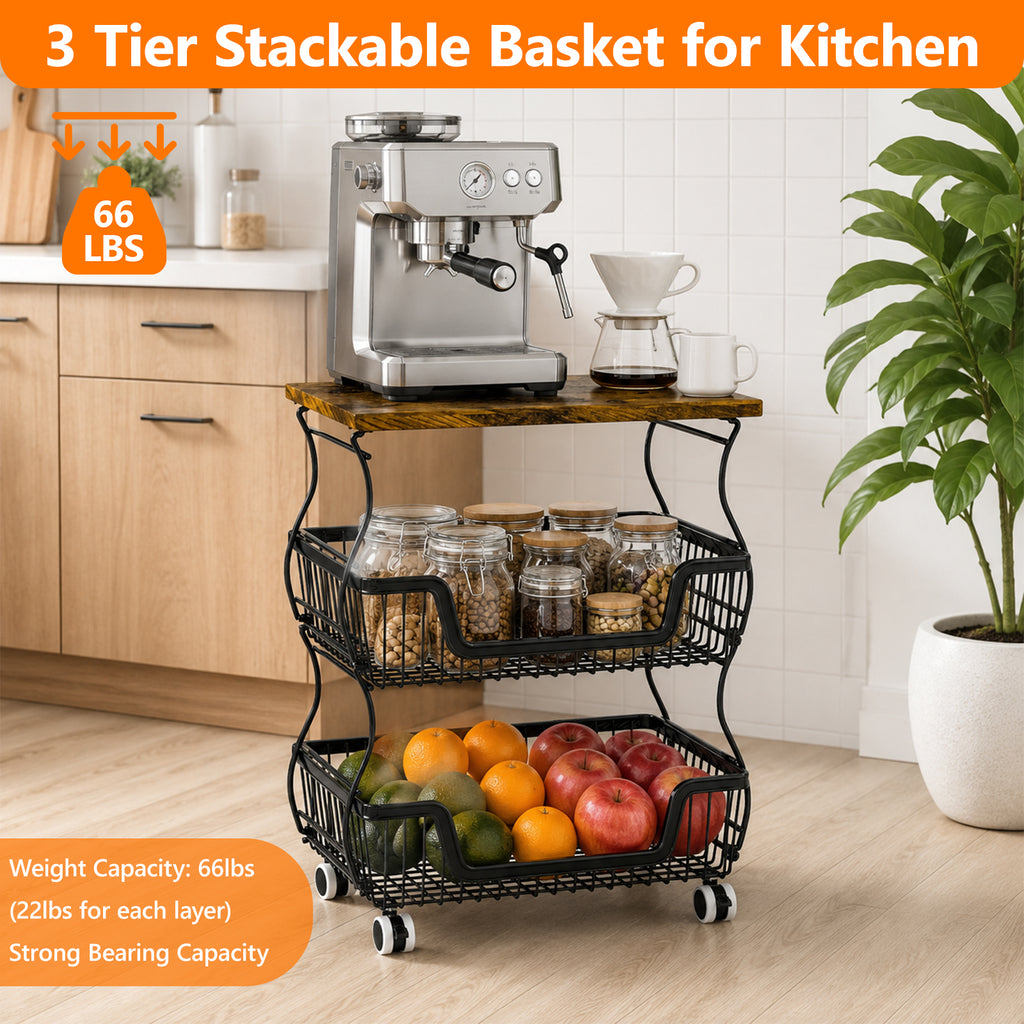Fruit Basket Vegetable Storage Cart with Wooden Lid for Kitchen, 4-Tier Stackable Wire Fruit Organizer Stand on Wheel, Storage Stand for Vegetables, Snacks, Berverage