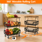 Fruit Basket Vegetable Storage Cart with Wooden Lid for Kitchen, 4-Tier Stackable Wire Fruit Organizer Stand on Wheel, Storage Stand for Vegetables, Snacks, Berverage