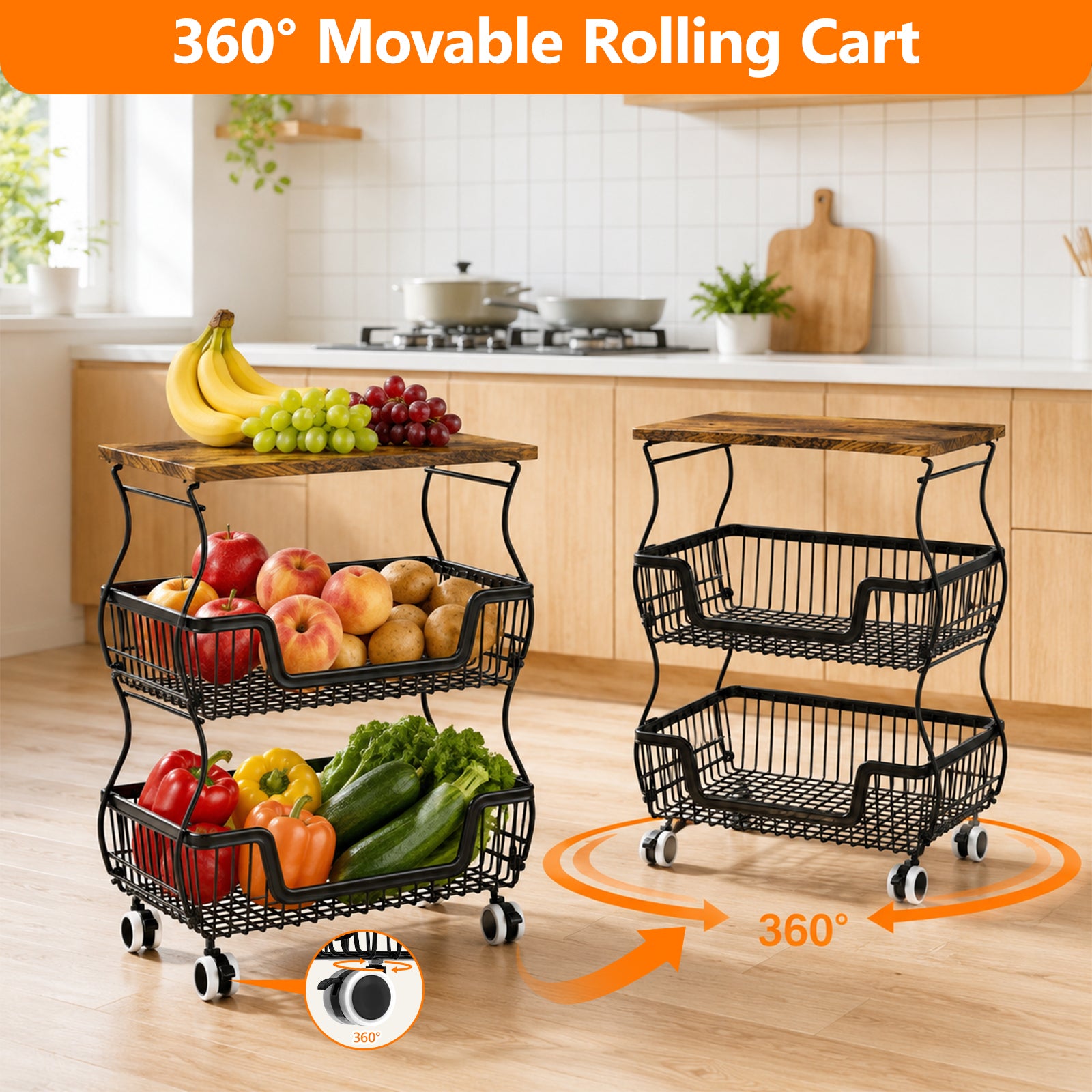 Fruit Basket Vegetable Storage Cart with Wooden Lid for Kitchen, 4-Tier Stackable Wire Fruit Organizer Stand on Wheel, Storage Stand for Vegetables, Snacks, Berverage