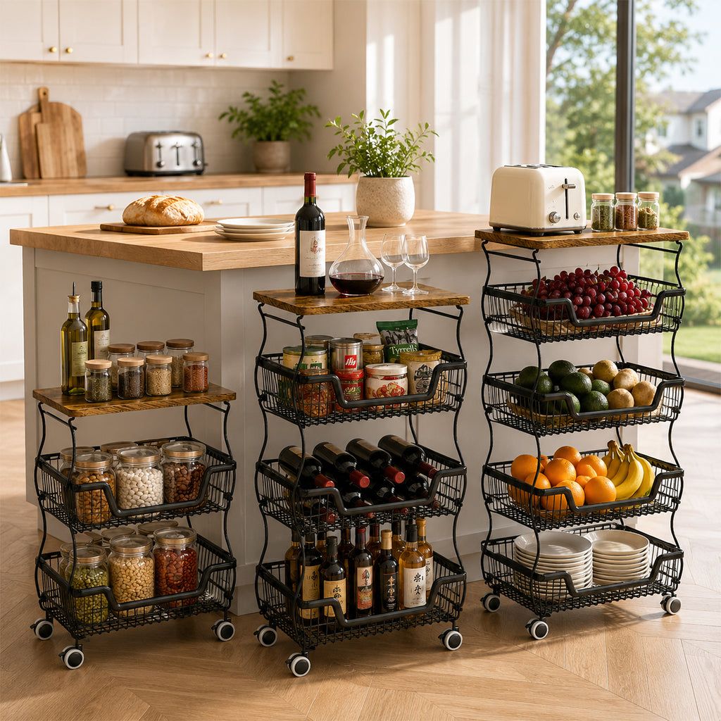 Fruit Basket Vegetable Storage Cart with Wooden Lid for Kitchen, 4-Tier Stackable Wire Fruit Organizer Stand on Wheel, Storage Stand for Vegetables, Snacks, Berverage