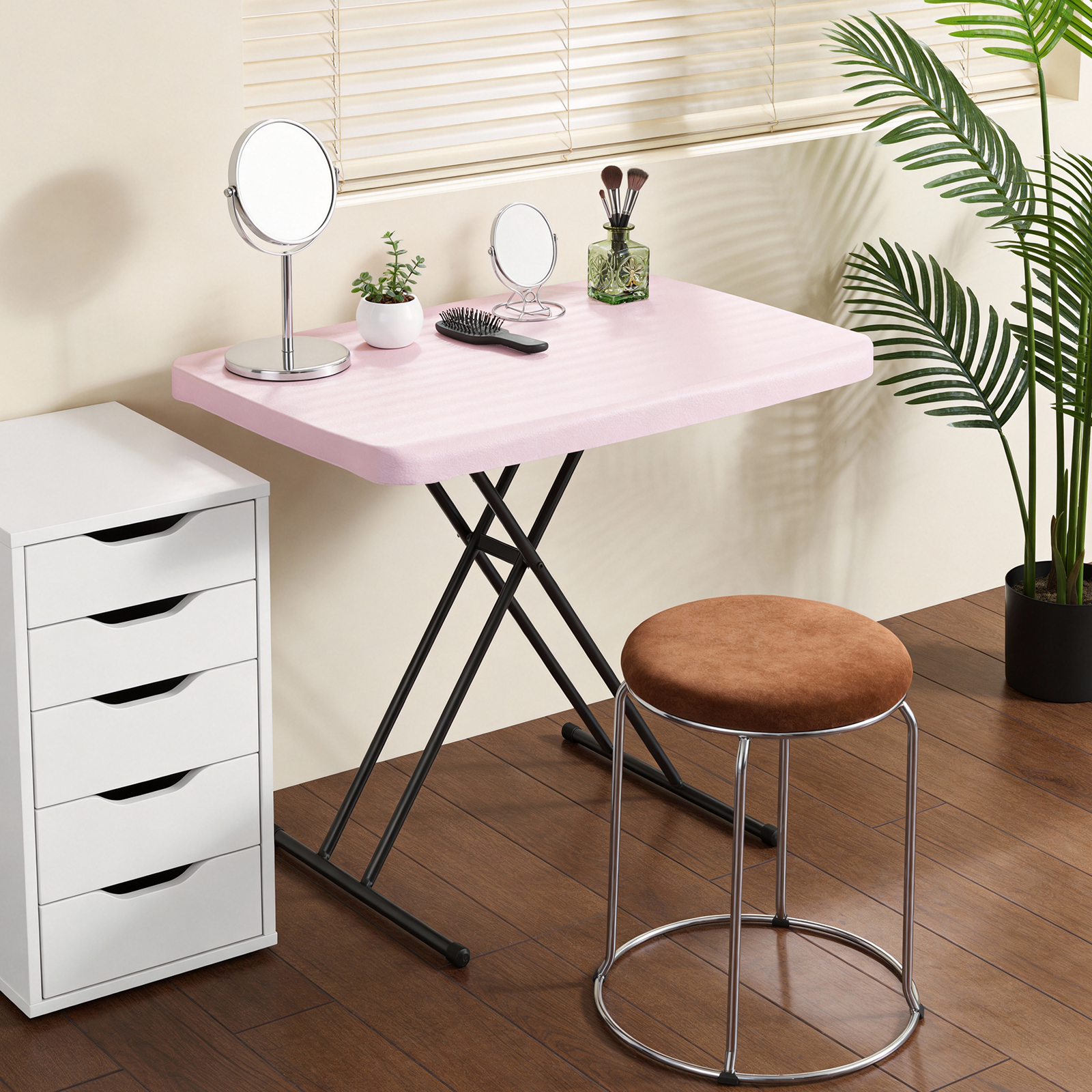 30 Inch Folding Table TV Tray, Portable Adjustable Height, X-shaped Frame Portable Work Table, Utility Foldable Desk for Small Spaces, Laptop & Couch, Camping, Pink