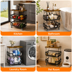 Fruit Basket Vegetable Storage Cart with Wooden Lid for Kitchen, 4-Tier Stackable Wire Fruit Organizer Stand on Wheel, Storage Stand for Vegetables, Snacks, Berverage
